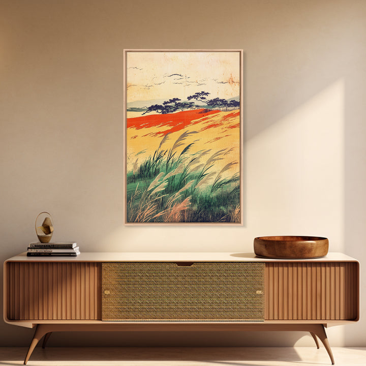 Golden Meadow Grasses And Coastal Hills Wall Art, Rustic Country Landscape Print, Farmhouse Decor, Warm Nature Canvas Print