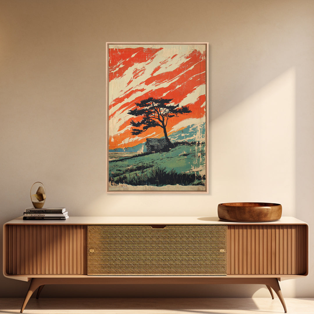 Lone Tree Cabin And Orange Mountain Sky Wall Art, Rustic Landscape Print, Western Home Decor, Statement Framed Canvas Print