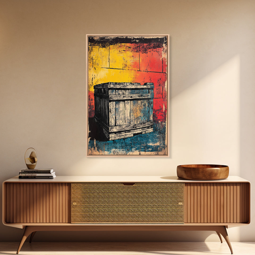 Weathered Wooden Crate Still Life Wall Art, Rustic Industrial Decor, Farmhouse Kitchen Print, Bold Color Canvas Print, Housewarming Gift