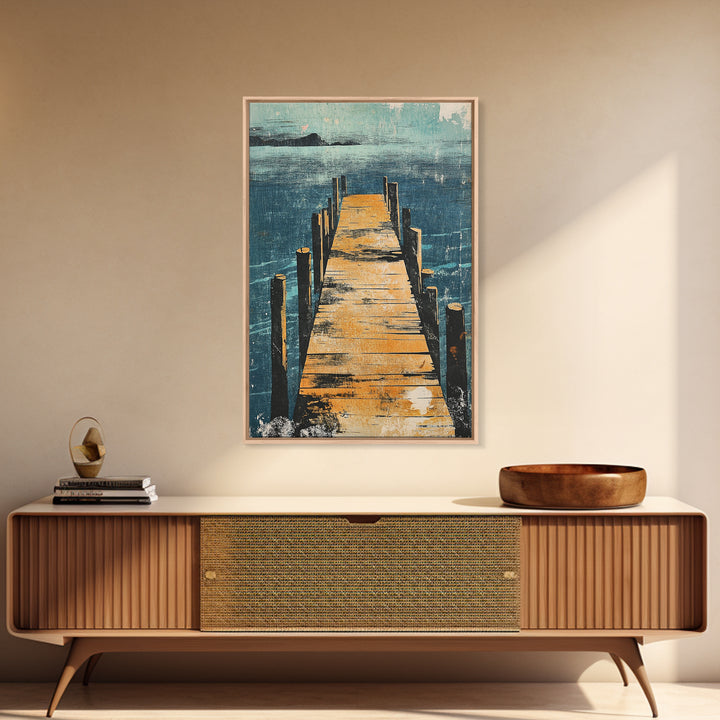 Wooden Dock Over Blue Lake Wall Art, Coastal Pier Landscape Print, Lake House Decor, Nautical Framed Canvas Print, Living Room Decor