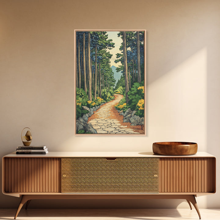 Pine Forest Path With Yellow Flowers Wall Art, Nature Landscape Print, Cabin Decor, Peaceful Framed Canvas Print, Living Room Decor