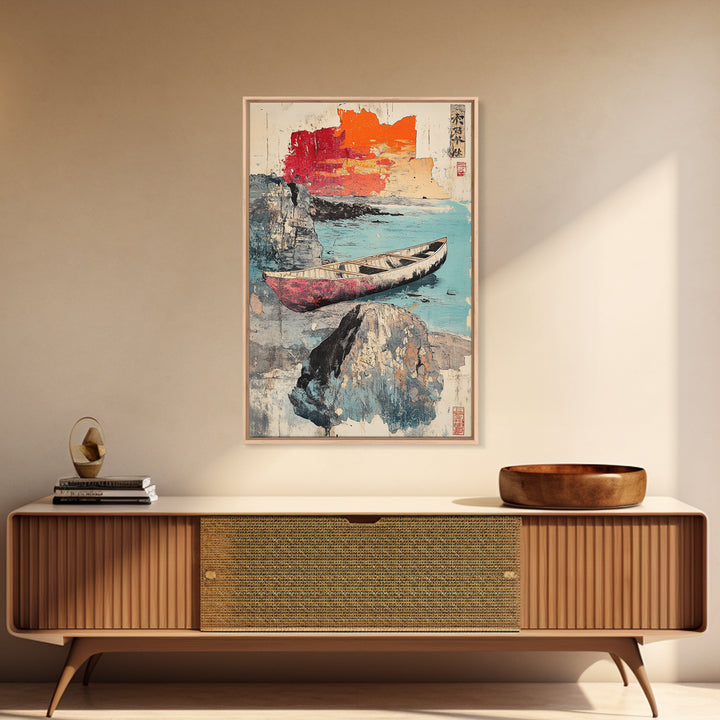 Weathered Canoe And Sea Cliffs Wall Art, Japanese Coastal Print, Ocean Landscape Decor, Nautical Living Room Wall Art, Home Decor