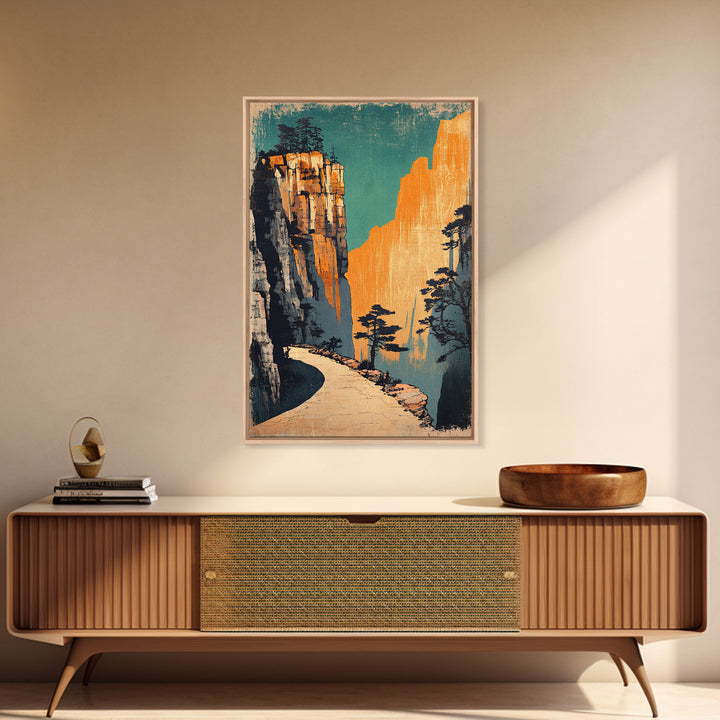 Golden Mountain Path Framed Canvas Print, Japanese Landscape Wall Art, Japandi Decor, Nature Wall Art, Entryway Wall Decor