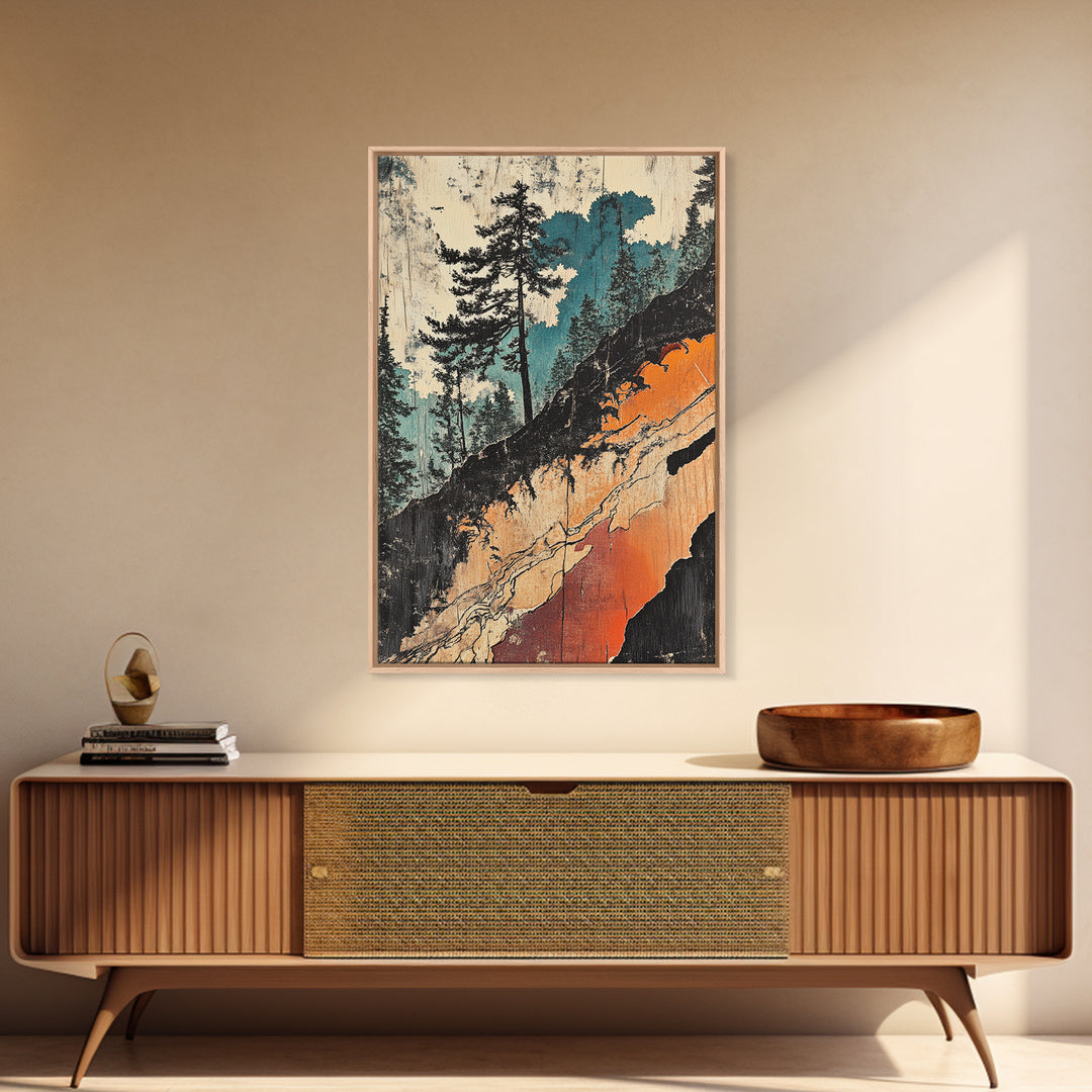 Teal Forest Cliff Abstract Landscape Wall Art, Japanese Woodblock Canvas Print, Rustic Nature Decor, Modern Living Room Decor