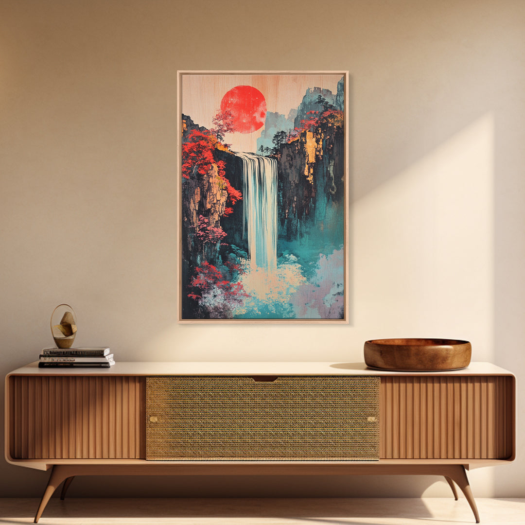 Red Sun Waterfall Mountain Landscape Wall Art, Japanese Woodblock Print Style, Teal Coastal Decor, Zen Living Room Art Print