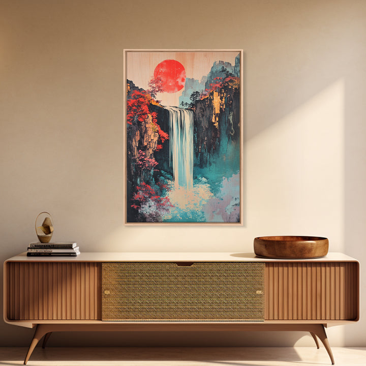 Red Sun Waterfall Mountain Landscape Wall Art, Japanese Woodblock Print Style, Teal Coastal Decor, Zen Living Room Art Print