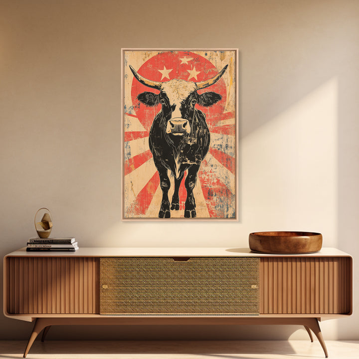 Black Longhorn Bull Retro Western Wall Art, Rustic Farmhouse Cowboy Canvas Print, Bold Animal Print, Man Cave Home Decor, Gift For Him