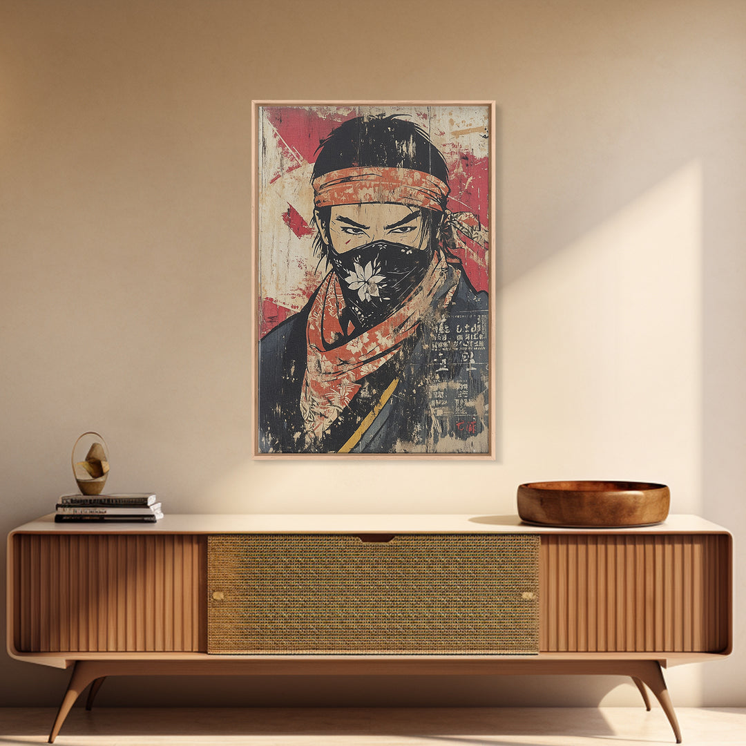 Masked Samurai Warrior Portrait Wall Art, Japanese Ink Style Canvas Print, Dark Academia Decor, Bold Asian Wall Decor, Gift For Him