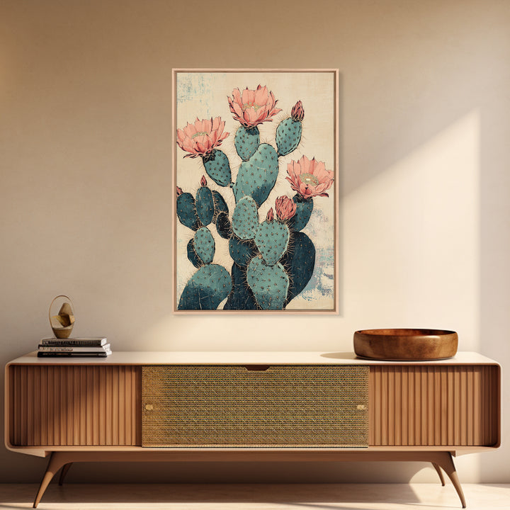 Blooming Prickly Pear Cactus Wall Art, Southwestern Botanical Canvas Print, Pink Floral Desert Decor, Boho Home Decor, Gift For Her