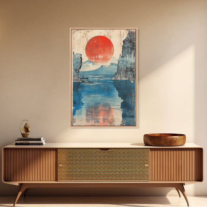 Red Sun Blue Mountain Lake Wall Art, Japanese Woodblock Style Canvas Print, Calm Coastal Landscape Decor For Living Room