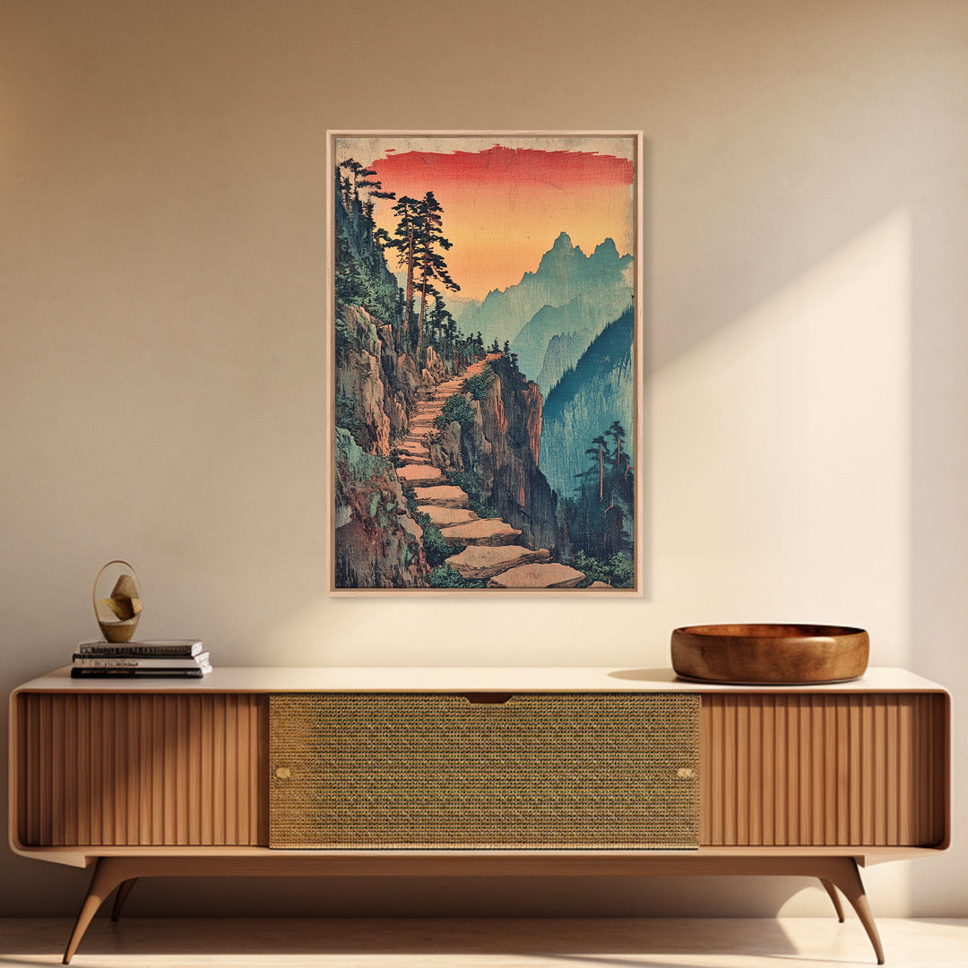 Sunset Mountain Path Pine Forest Wall Art, Japanese Woodblock Landscape Canvas Print, Rustic Nature Decor For Living Room