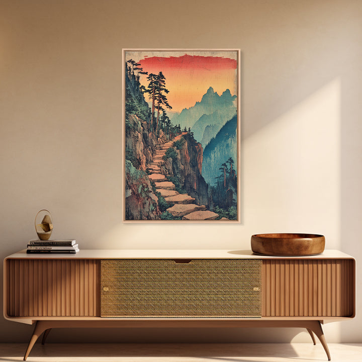 Sunset Mountain Path Pine Forest Wall Art, Japanese Woodblock Landscape Canvas Print, Rustic Nature Decor For Living Room