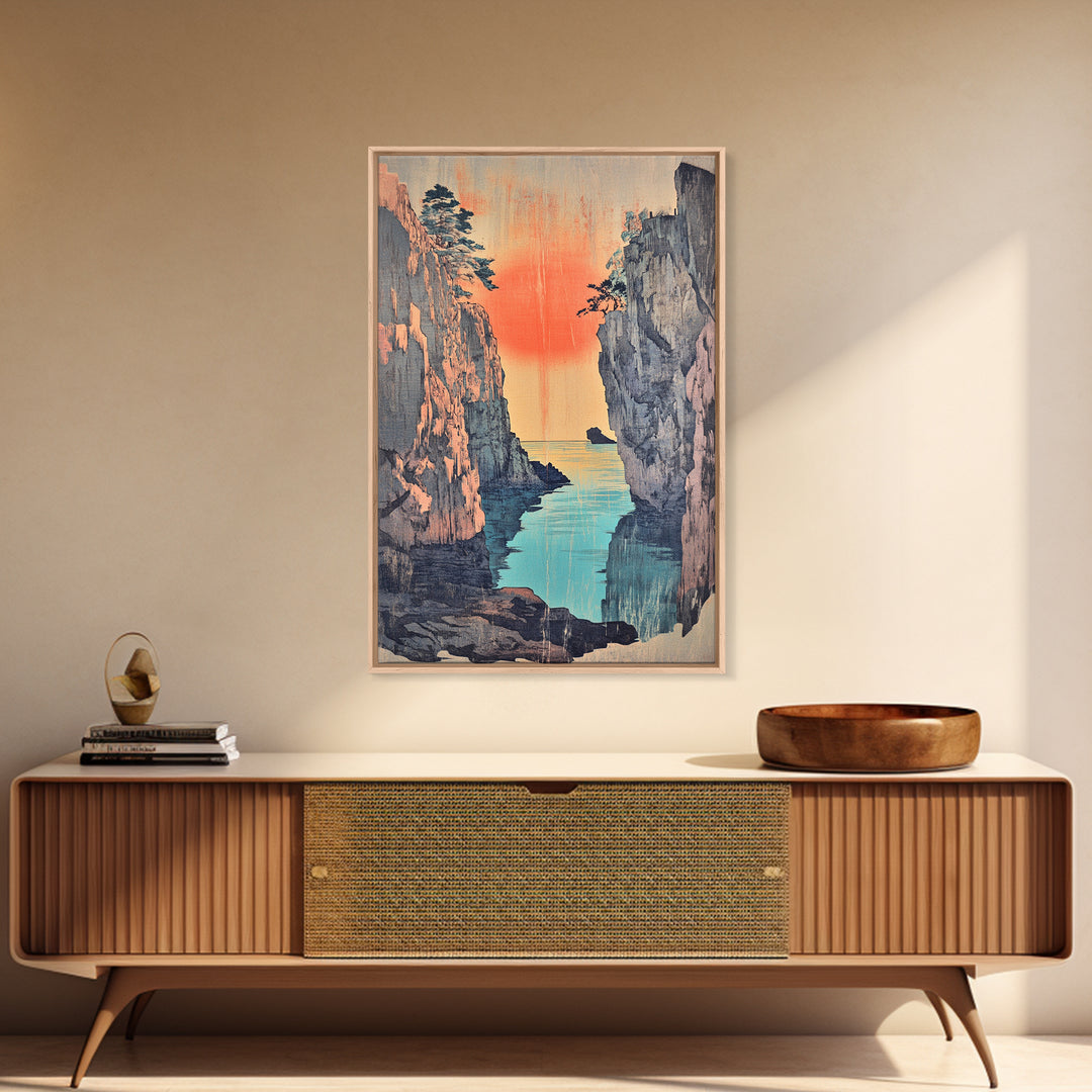 Sunset Sea Canyon Between Cliffs Framed Canvas Print, Japanese Wall Art, Coastal Landscape Poster, Ocean Decor Gift For Her