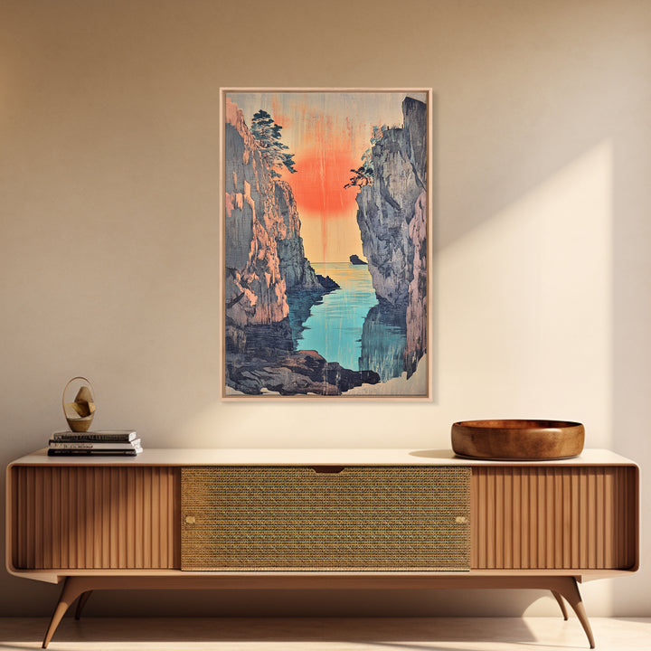 Sunset Sea Canyon Between Cliffs Framed Canvas Print, Japanese Wall Art, Coastal Landscape Poster, Ocean Decor Gift For Her