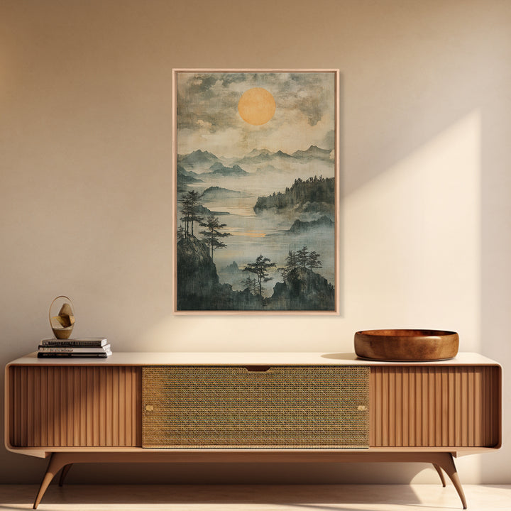 Misty Mountain Lake With Golden Sun Wall Art, Japanese Landscape Canvas Print, Serene Forest Decor, Japandi Home Decor Gift