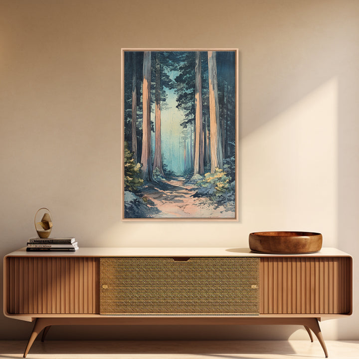 Misty Redwood Forest Path Wall Art, Tall Tree Nature Print, Moody Woodland Decor, Japandi Living Room Canvas Print For Entryway