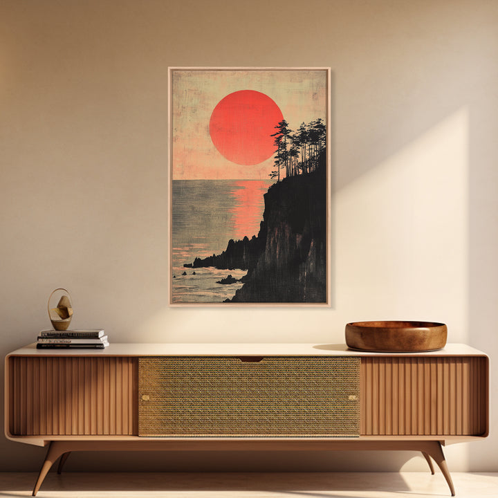 Crimson Sun Over Ocean Cliffs Wall Art, Japanese Coastal Poster, Moody Seascape Decor, Large Framed Canvas Print For Living Room