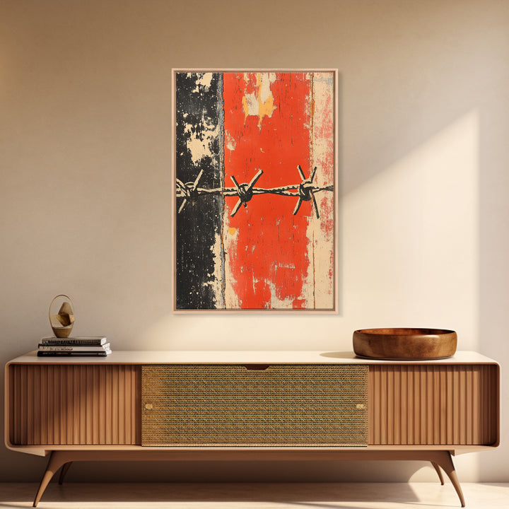 Distressed Barbed Wire On Red Black Wall Art, Industrial Abstract Poster, Edgy Rustic Decor, Modern Canvas Print For Man Cave