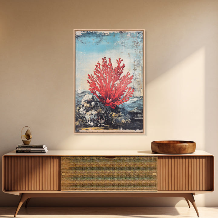 Red Sea Fan Coral On Rocks Wall Art, Coastal Ocean Botanical Print, Nautical Beach House Decor, Framed Canvas Print Gift