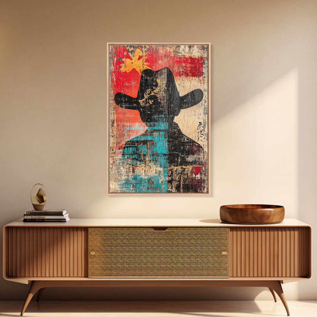 Abstract Cowboy Silhouette Wall Art, Western Canvas Print, Bold Red Teal Rustic Decor, Masculine Southwest Living Room Art