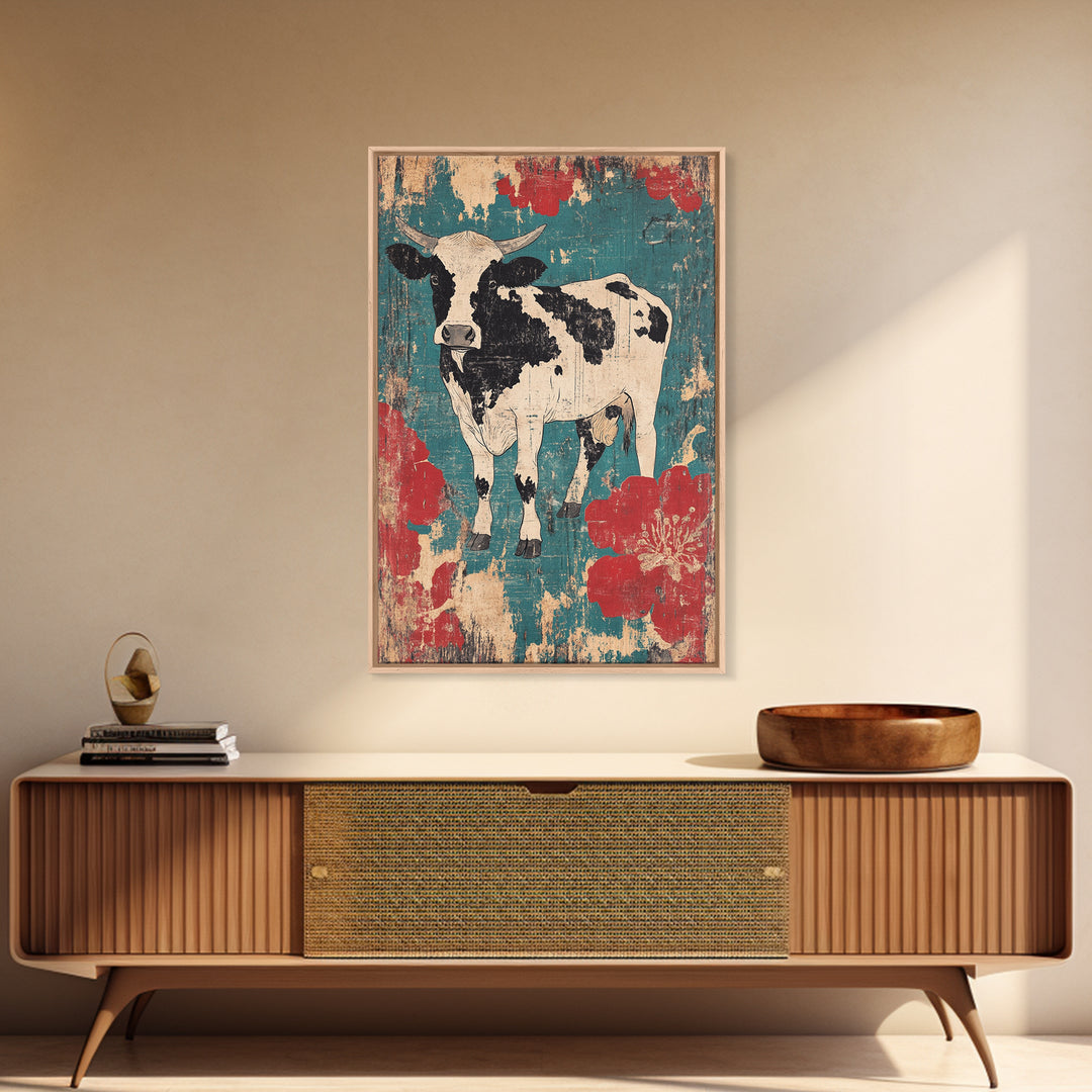 Black And White Cow Wall Art, Floral Farmhouse Canvas Print, Rustic Animal Decor, Teal Red Kitchen Living Room Art, Home Decor
