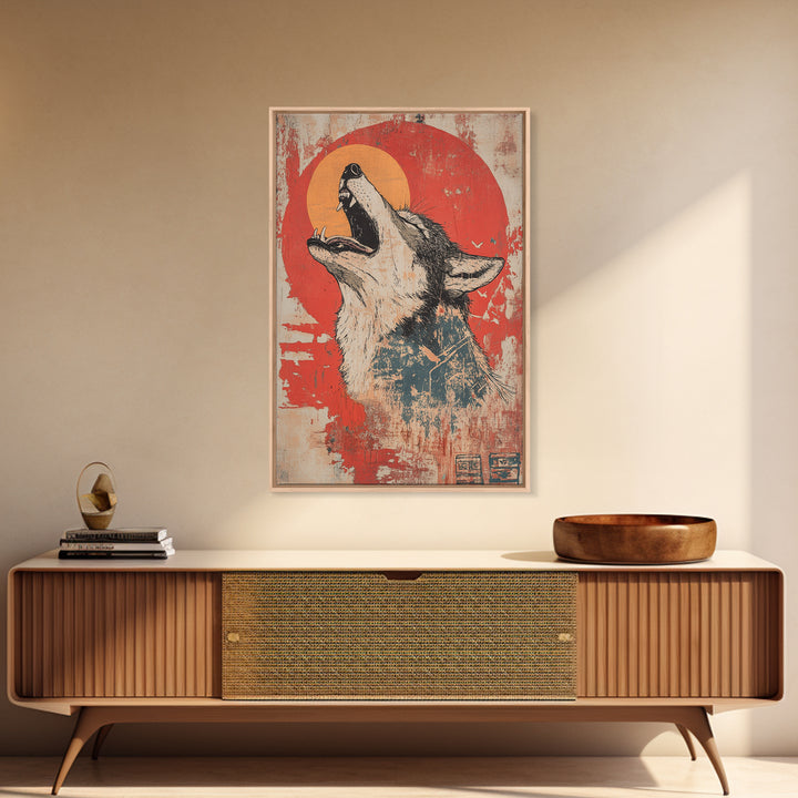 Howling Wolf Red Sun Wall Art, Rustic Wildlife Canvas Print, Southwestern Animal Decor, Moody Cabin Living Room Art Print