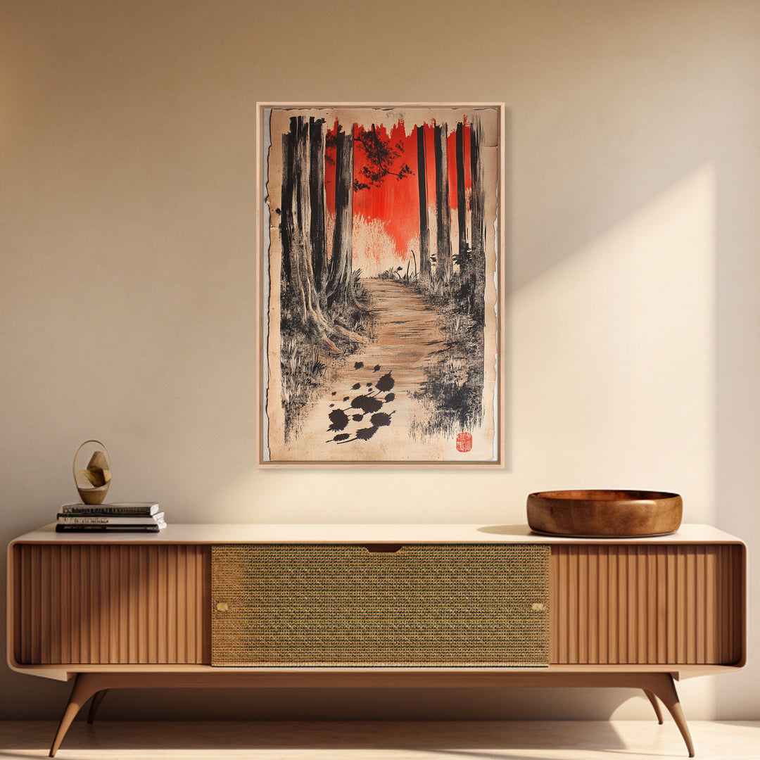 Red Sky Forest Path Wall Art, Japanese Landscape Canvas Print, Moody Woodland Decor, Nature Art For Cabin Or Office Decor
