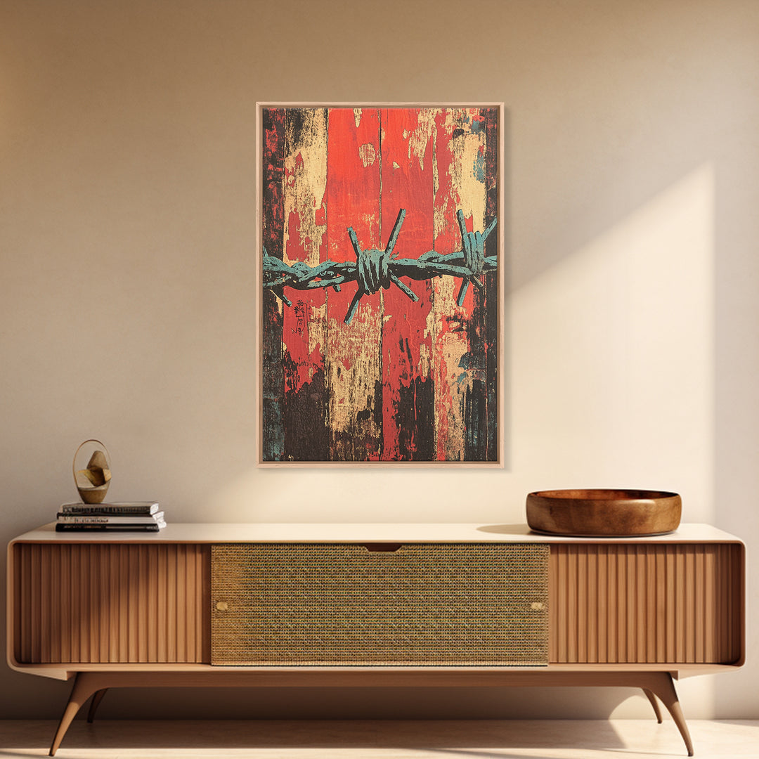 Barbed Wire Abstract Wall Art, Grunge Western Canvas Print, Red Teal Industrial Decor, Bold Rustic Statement Art For Office Decor