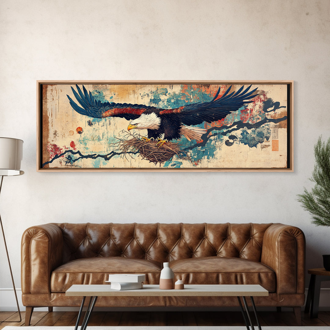 Soaring Eagle With Nest Japanese Inspired Wall Art, Panoramic Canvas Print, Asian Decor, Nature Wall Decor, Gift For Bird Lover