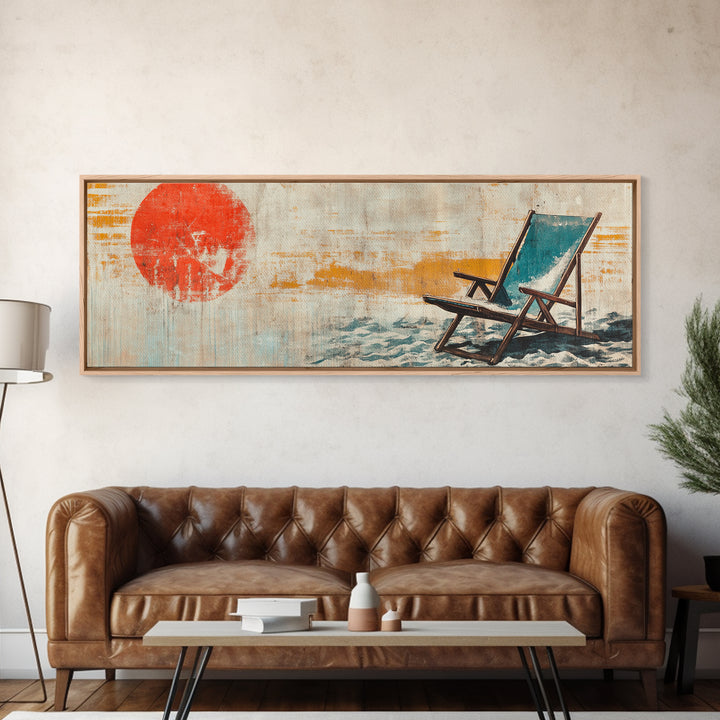 Red Sun Beach Chair Coastal Wall Art, Panoramic Canvas Print, Beach House Decor, Ocean Wall Decor, Summer Living Room Art