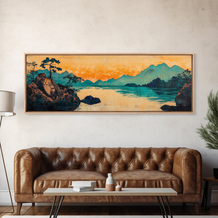 Teal Mountain Lake Japanese Landscape Wall Art, Panoramic Canvas Print, Asian Inspired Decor, Serene Living Room Decor, Housewarming Gift