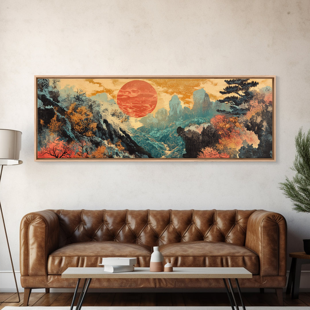 Red Sun Autumn Mountains Japanese Wall Art, Framed Canvas Print, Panoramic Landscape, Japandi Decor, Large Living Room Art