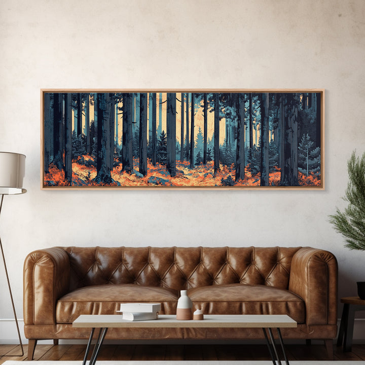 Blue Pine Forest With Orange Leaves Wall Art, Long Horizontal Canvas Print, Woodland Nature Decor, Moody Living Room Art