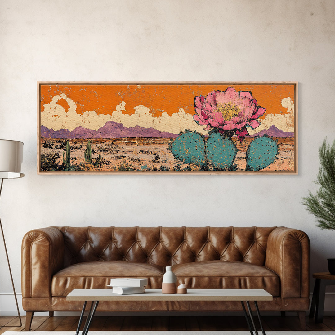 Pink Prickly Pear Cactus Desert Wall Art, Framed Canvas Print, Southwestern Decor, Orange Landscape, Gift For Plant Lover
