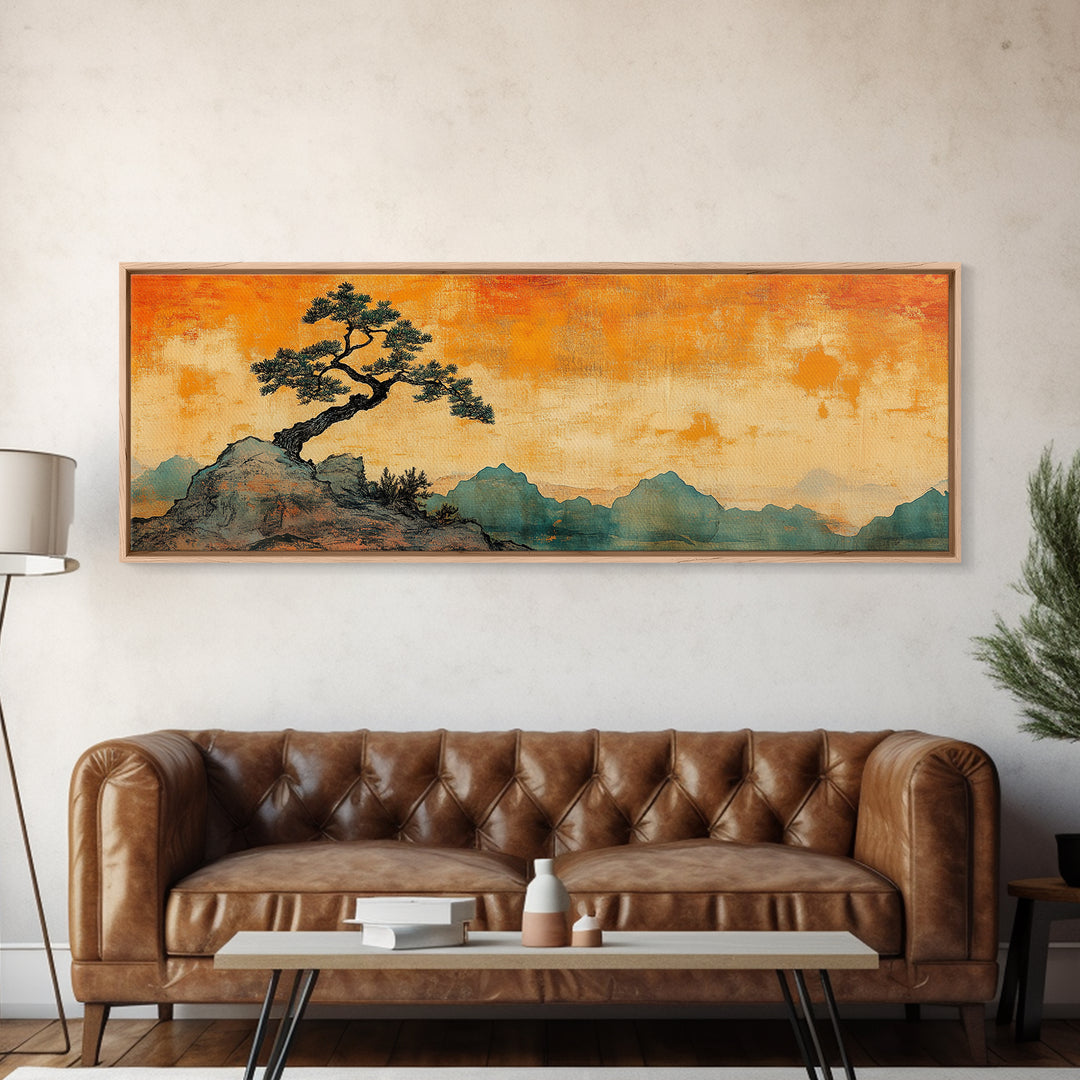 Lone Windblown Pine Orange Mountain Wall Art, Panoramic Canvas Print, Japandi Landscape Decor, Asian Inspired Home Decor