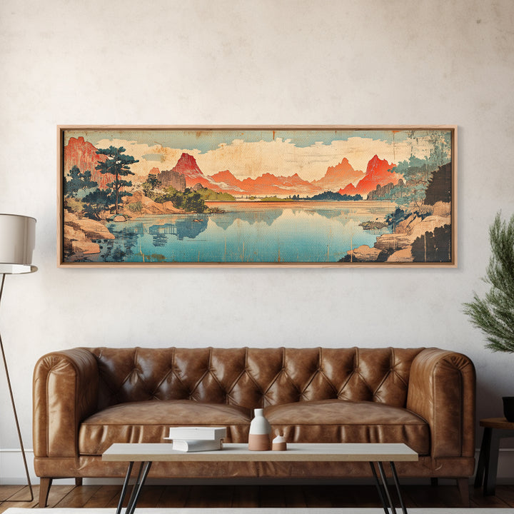 Red Peaks Reflecting In Lake Landscape Wall Art, Wide Horizontal Canvas Print, Japanese Inspired Decor, Large Living Room Art