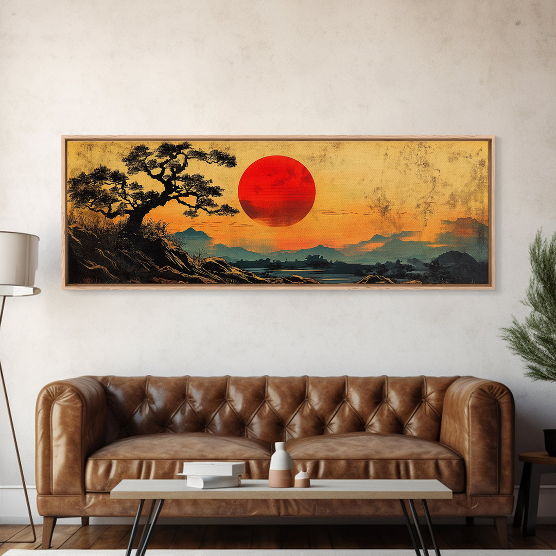 Red Sunset Over Pine Tree Japanese Wall Art, Panoramic Canvas Print, Japandi Landscape Decor, Zen Living Room Wall Art Print