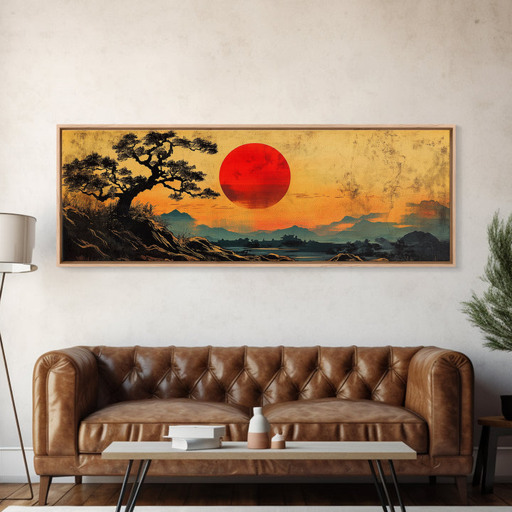 Red Sunset Over Pine Tree Japanese Wall Art, Panoramic Canvas Print, Japandi Landscape Decor, Zen Living Room Wall Art Print