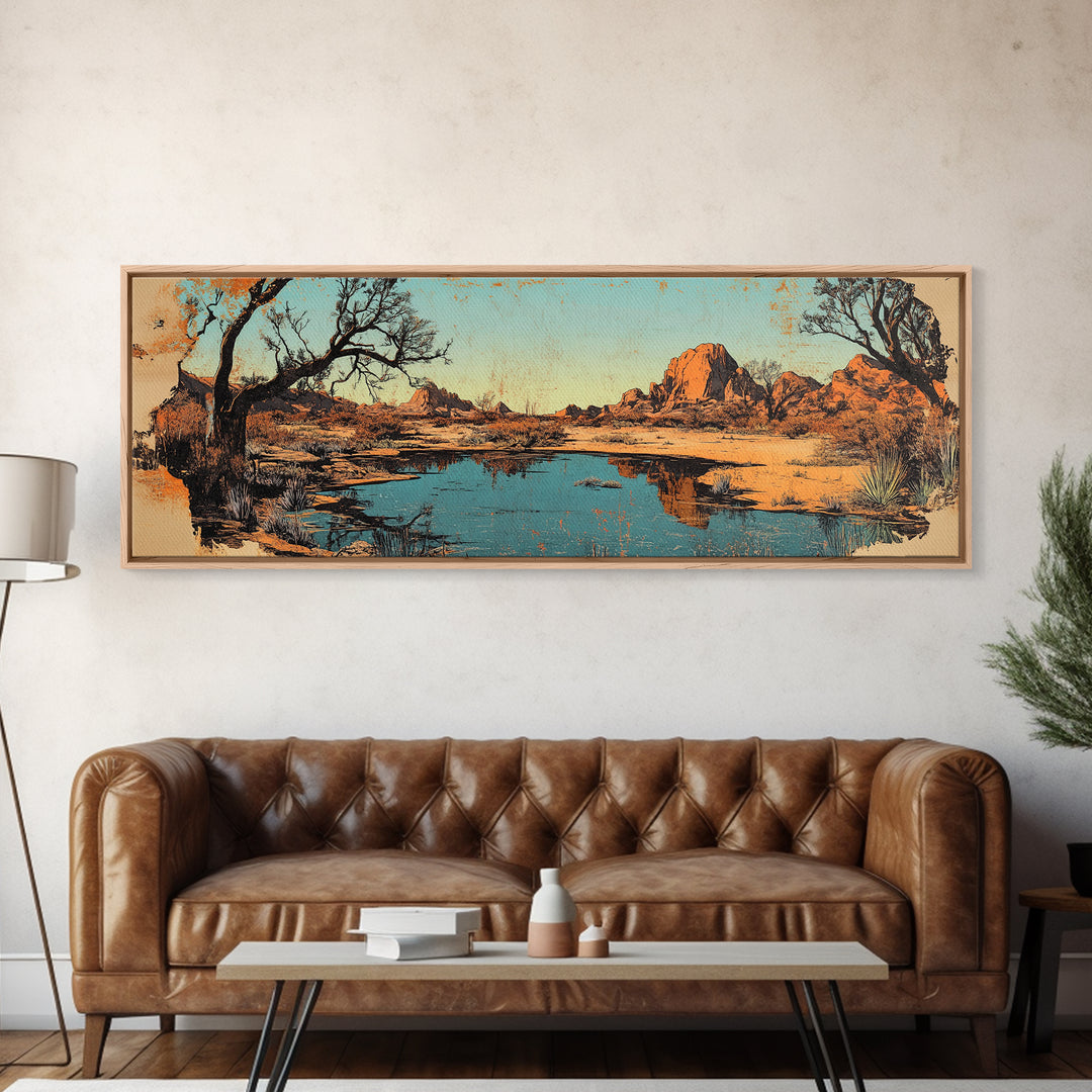 Southwestern Desert Lake Reflection Wall Art, Long Horizontal Canvas Print, Rustic Landscape, Warm Earth Tone Living Room Decor