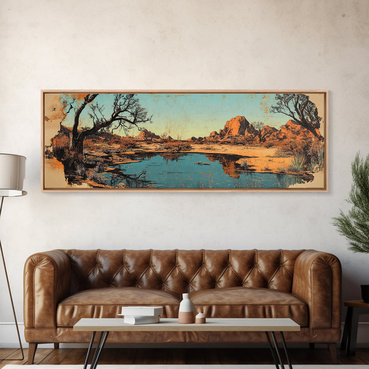 Southwestern Desert Lake Reflection Wall Art, Long Horizontal Canvas Print, Rustic Landscape, Warm Earth Tone Living Room Decor