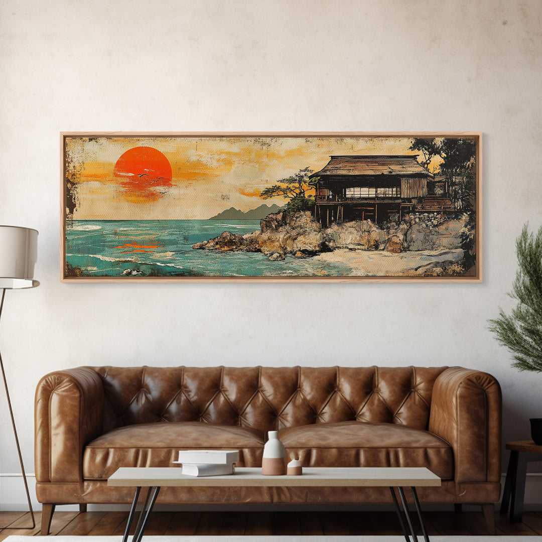 Japanese Seaside House Orange Sunset Wall Art, Framed Canvas Print, Coastal Ocean Landscape, Beach House Living Room Decor