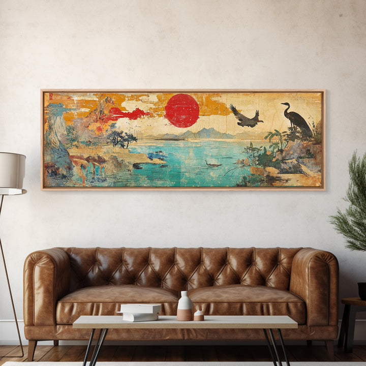 Red Sun Coastal Crane And Deer Wall Art, Panoramic Canvas Print, Japanese Landscape, Bird Wildlife Decor For Living Room