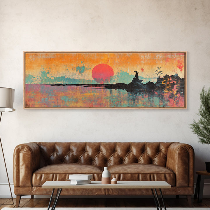 Abstract Orange Sun Over Still Water Wall Art, Framed Canvas Print, Minimalist Seascape, Japandi Modern Coastal Bedroom Decor
