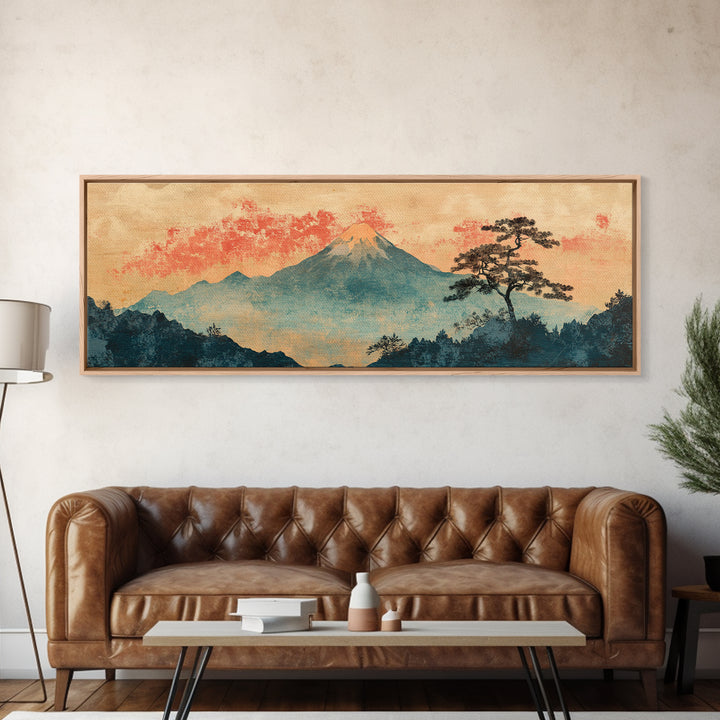 Misty Mount Fuji Pine Tree Wall Art, Long Horizontal Canvas Print, Japanese Landscape, Serene Japandi Nature Living Room Decor