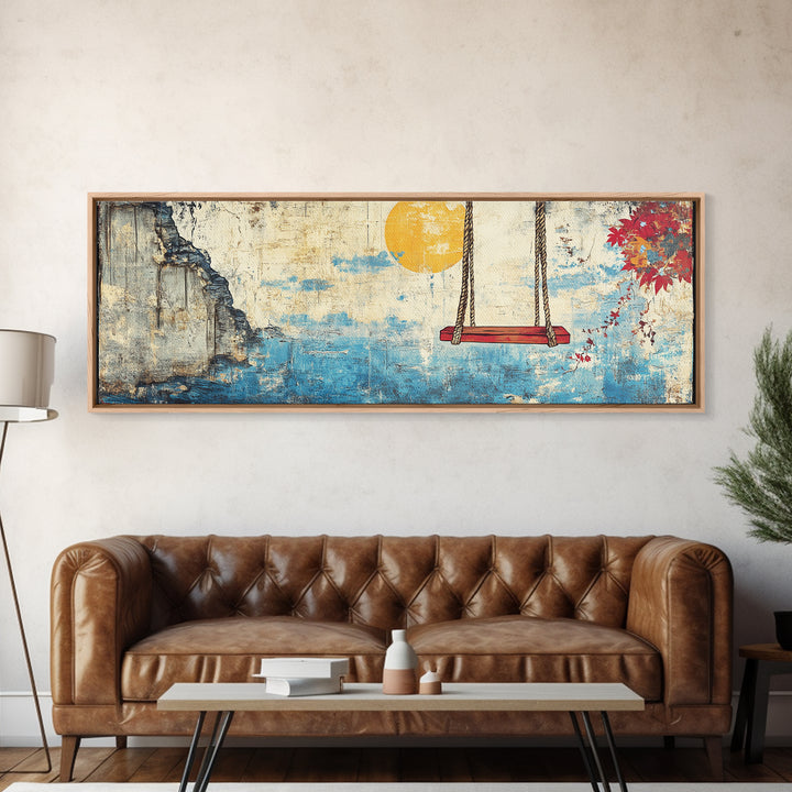 Ocean Cliff Swing Yellow Moon Wall Art, Long Horizontal Canvas Print, Coastal Blue Seascape, Japanese Minimalist Bedroom Decor