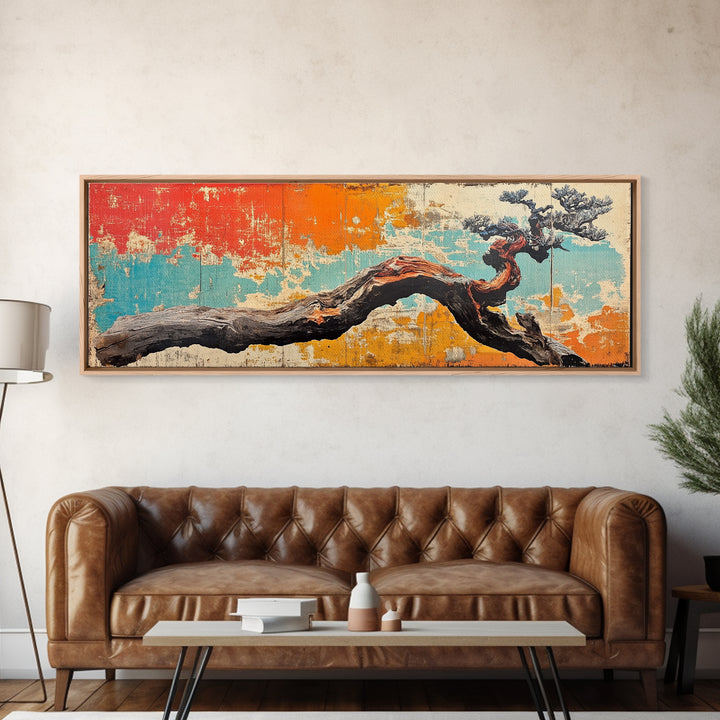 Gnarled Bonsai Tree Branch Wall Art, Japanese Nature Print, Wabi Sabi Decor, Rustic Horizontal Canvas For Modern Living Room