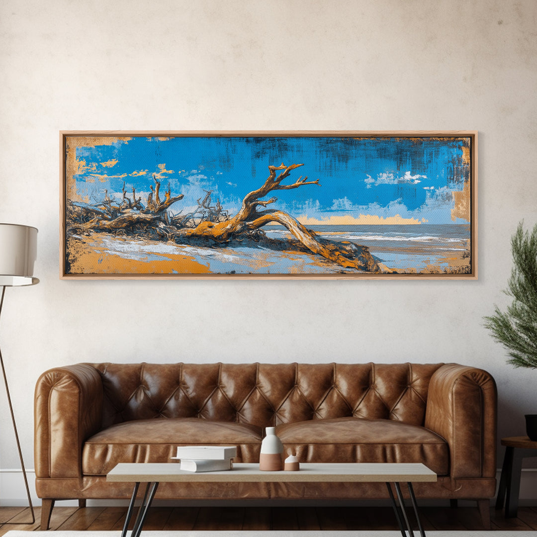 Driftwood Beach And Blue Sky Canvas Print, Coastal Wall Art, Nautical Landscape Decor, Large Horizontal Print For Beach House