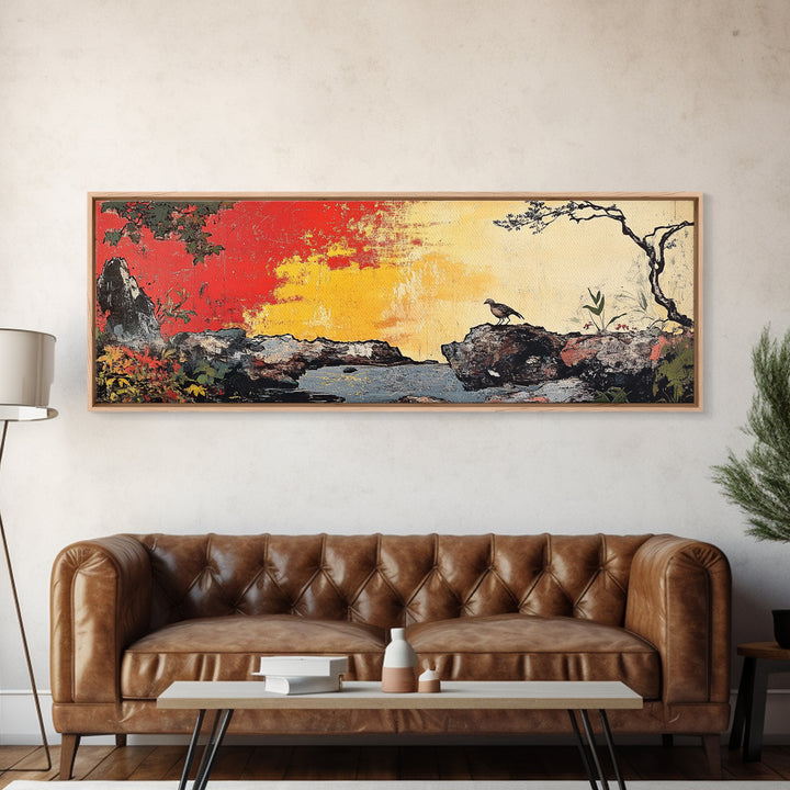 Crow On Rocky Japanese Garden Wall Art, Red Sunset Landscape Print, Asian Inspired Decor, Large Horizontal Canvas For Living Room