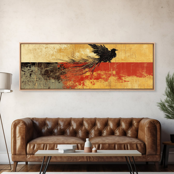 Black Bird In Flight Wall Art, Japanese Raven Print, Red And Gold Abstract Nature Decor, Large Horizontal Canvas For Office