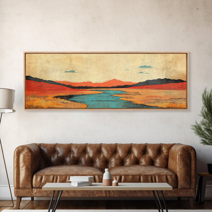Red Grass Valley River Landscape Canvas Print, Modern Southwestern Wall Art, Wide Horizontal Nature Decor For Living Room
